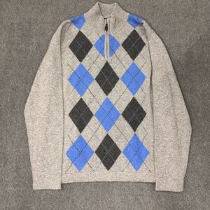 Allen Solly 100% 2 Ply Cashmere 1/4 Zip Knit Sweater Grey Argyle Preppy Mens L